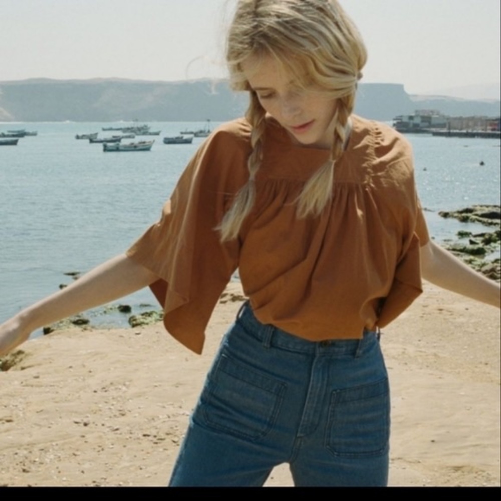 Doen Rust Brown Gathered Yoke Top